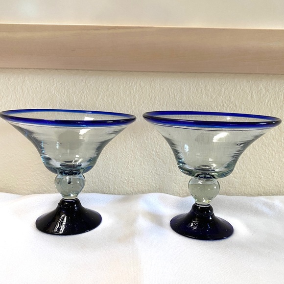 Set Margarita Glasses Cobalt Blue Rim Pedestal Hand Blown Bubble Glass Vtg Wine - Picture 10 of 10
